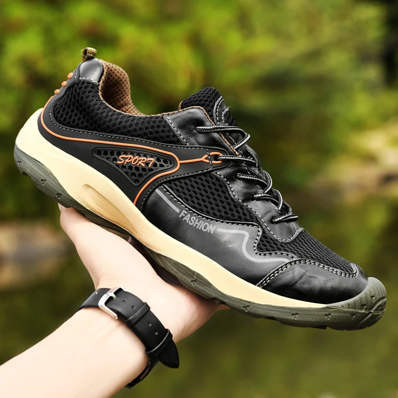 

Genuine Leather Men Shoes Summer man casual shoes mesh lace up flats man Designer sneakers outdoor fashion male shoes 38-45