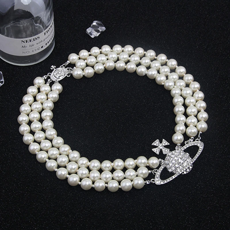 

Korean Crystal Saturn Pearl Choker Necklace for Women Planet Hip-Hop Party Wedding Multi-layer Jewelry on the Neck Accessories