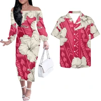 hycool off shoulder floral dress for women party hibiscus print pink island dress polynesian tribal clothing 2pcs couple clothes