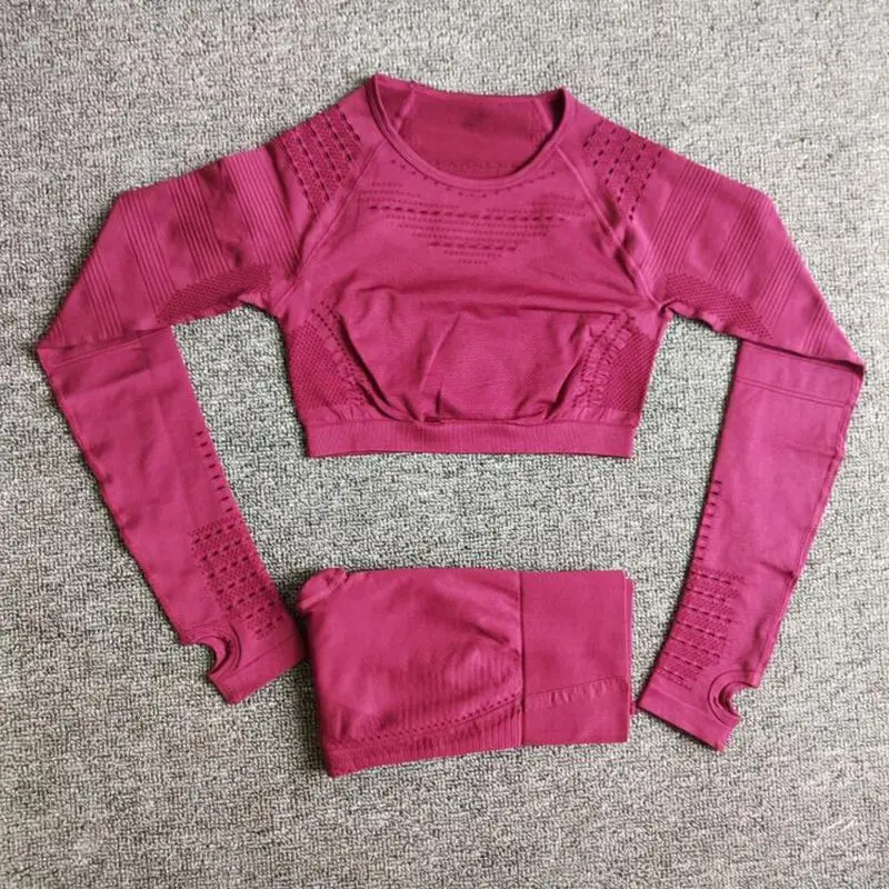

Women Running Sports Set Sportswear Fitness High Waist Pants Long Sleeve Cropped Tops Gym Yoga Suits Workout Clothes