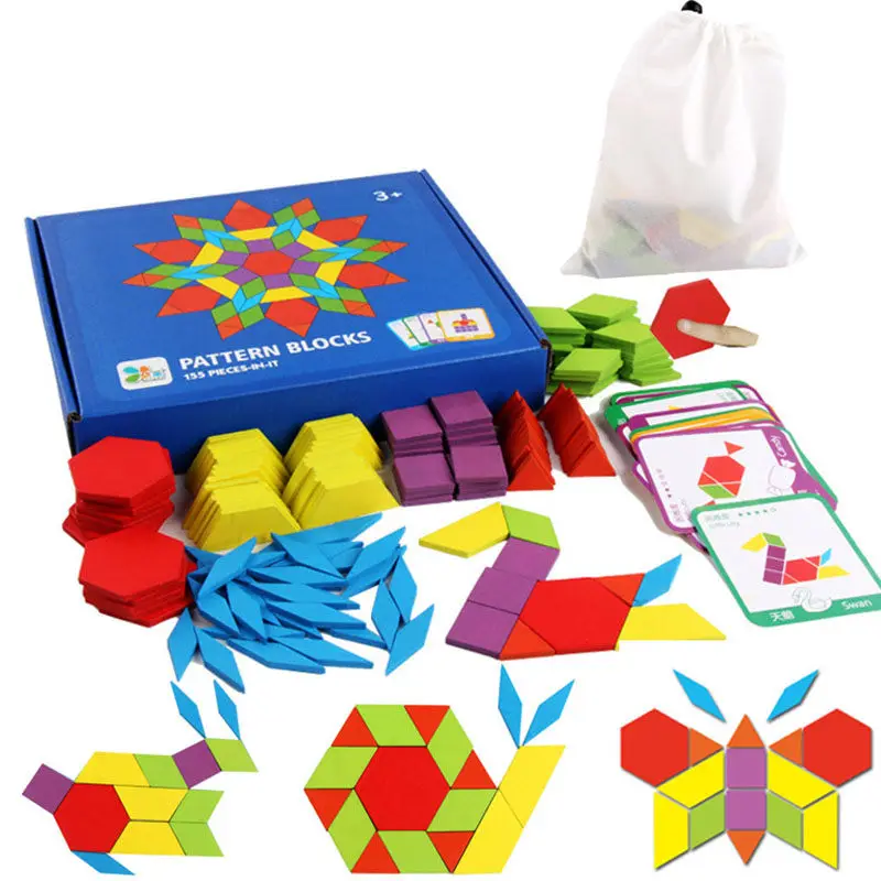 

155pcs Wooden 3D Puzzle Pattern Block Set Creative Kids Educational Toys Montessori Developmental Brain Teaser Jigsaw Toy