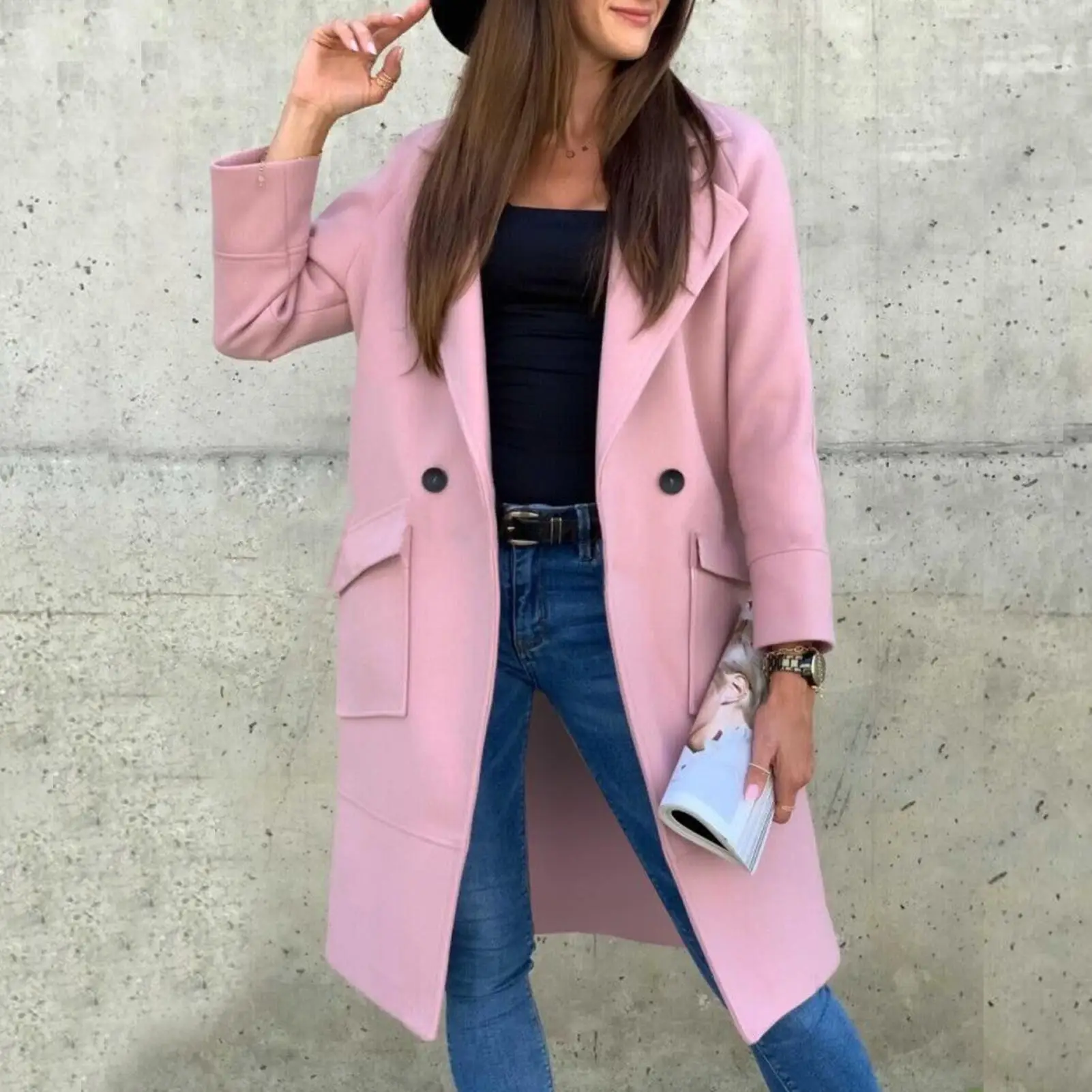 

Women Autumn Winter Coats Solid Color Overcoat Lapel Buttons Pockets Long Coat Jacket Plus Size Slim Office Ladies Outerwear