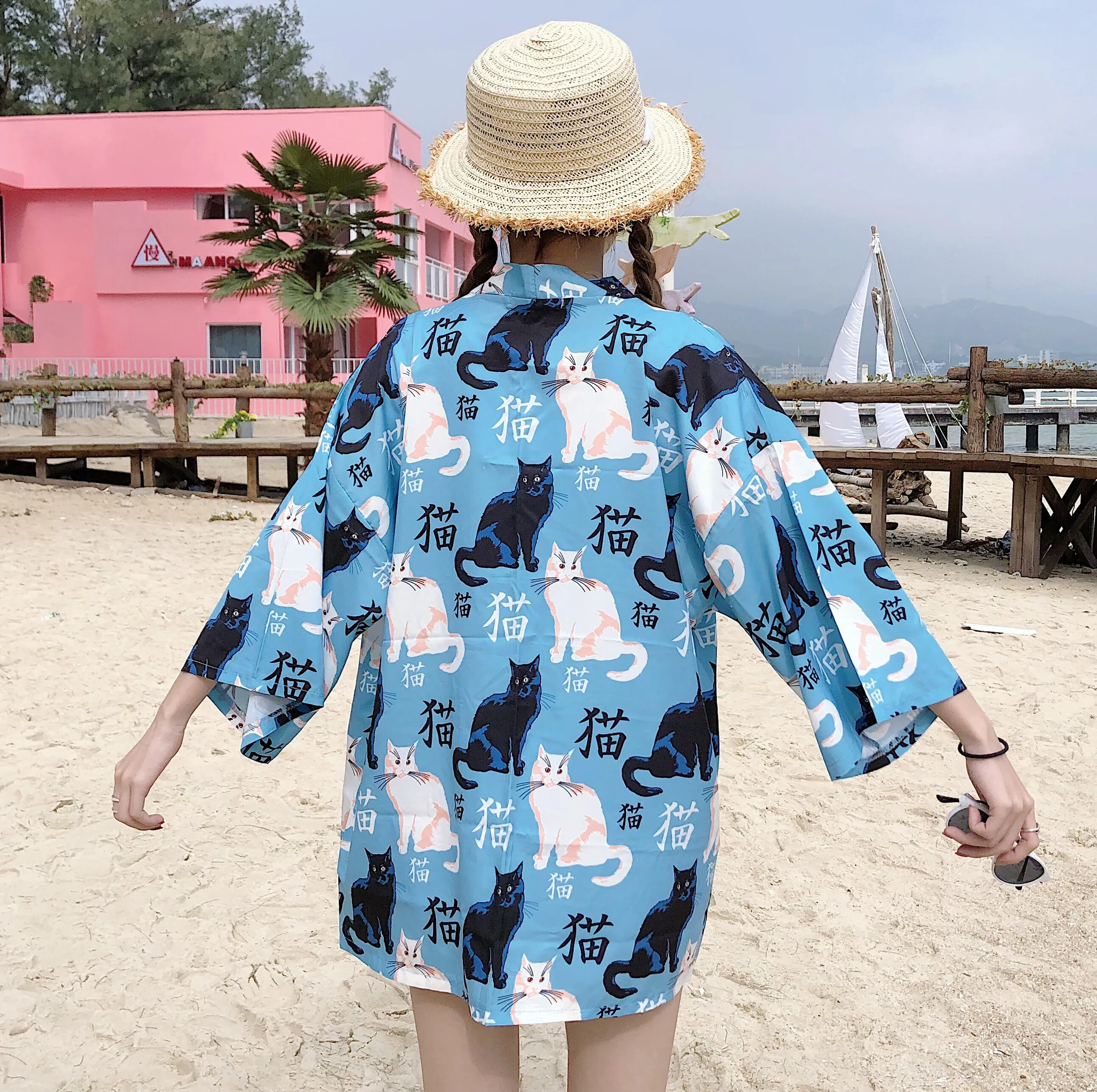 Женское летнее кимоно Свободный кардиган в японском стиле с изображением кота
