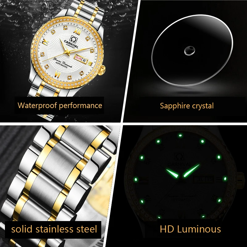 CARNIVAL New Fashion Men Diamond Gold Dial Luxury Luminous Watch Calendar Display Fully Automatic Mechanical Wristwatches 8629G enlarge