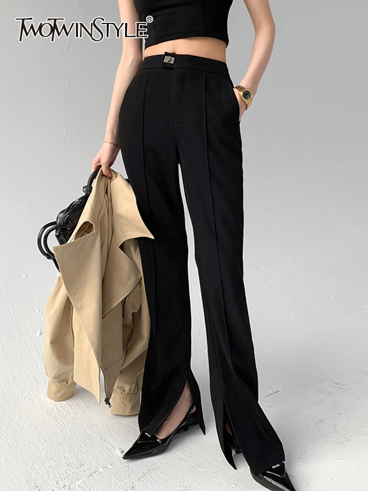

TWOTWINSTYLE Casual Plain Pants Female High Waist Patchwork Pockets Slim Long Flare Trousers For Women 2021 Autumn Clothing New