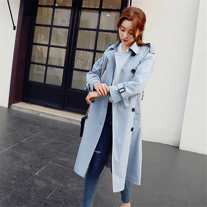 

Medium Long Solid Windbreaker Women 2020 New Spring Autumn Long sleeve Casual Double Breasted Trench Coat Women Overcoat H280