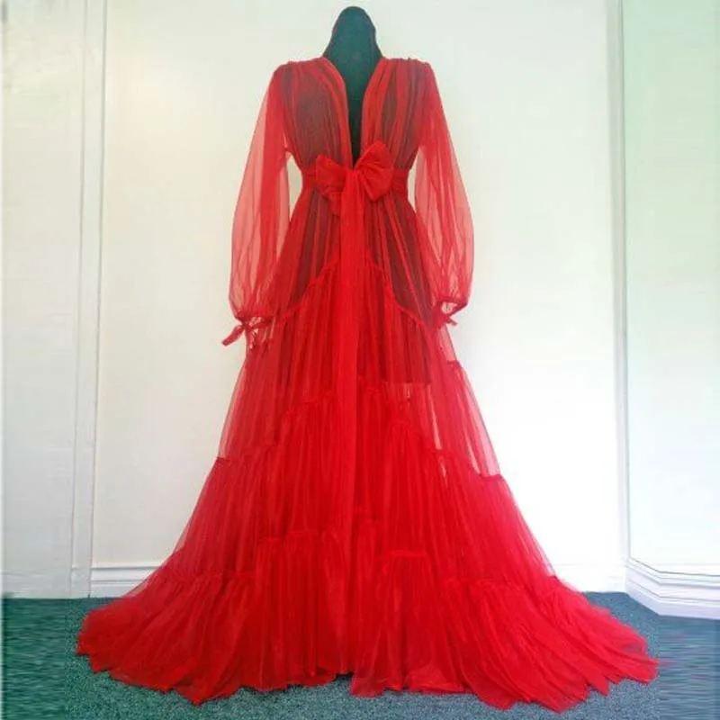

Eye-catching Prom Dress Red Lush Evening Dresses Puffy See Thru Women robe Wedding Robe De Soiree Bow Long Party Robes Gown