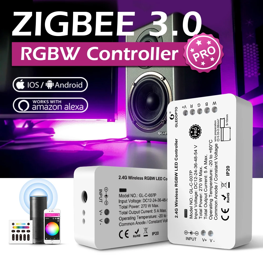 

Световая лента Tuya Zigbee 3,0 RGBW, регулятор ярсветильник, умный светодиодный контроллер, 12-54 в постоянного тока, приложение Smart Life, голосовое управ...