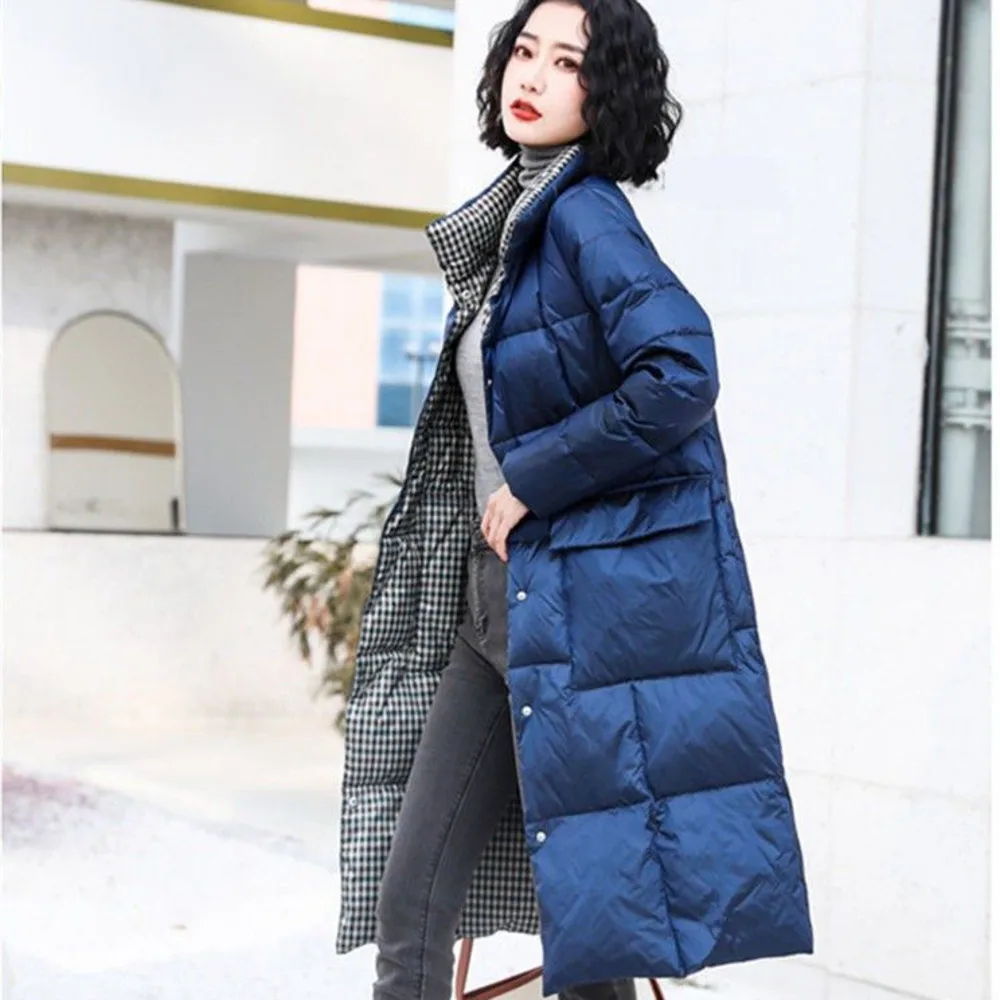 

Winter Women's Long Down Cotton Coat 2021 Solid Warm Female Double-Sided Overcoat Loose Pocket Outerwear
