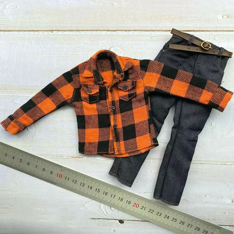 

1/6 Scale Fashion Casual Orange Plaid Shirt+Jeans Belt Suit Model