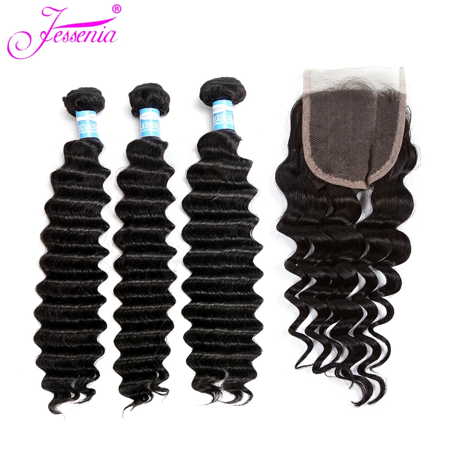 Малазийские глубокая волна 3 пучка с закрытием 100% человеческие волосы пучки remy