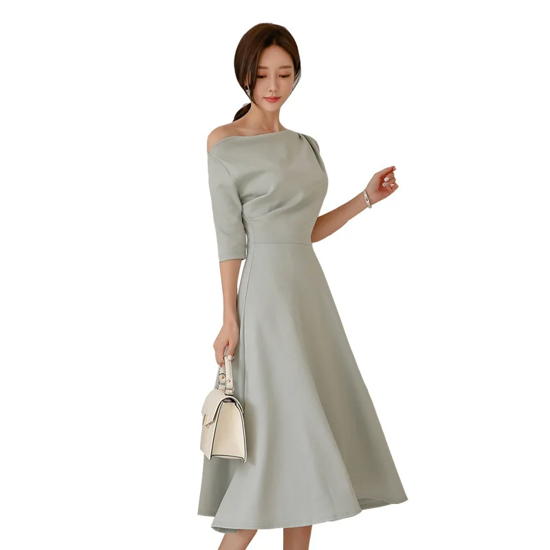 

Big Swing Off-Shoulder Autumn Ruched Dress Plus Size Robe Longue Femme Ete Women Slash Neck Half Sleeve Brief Ladies Dresses