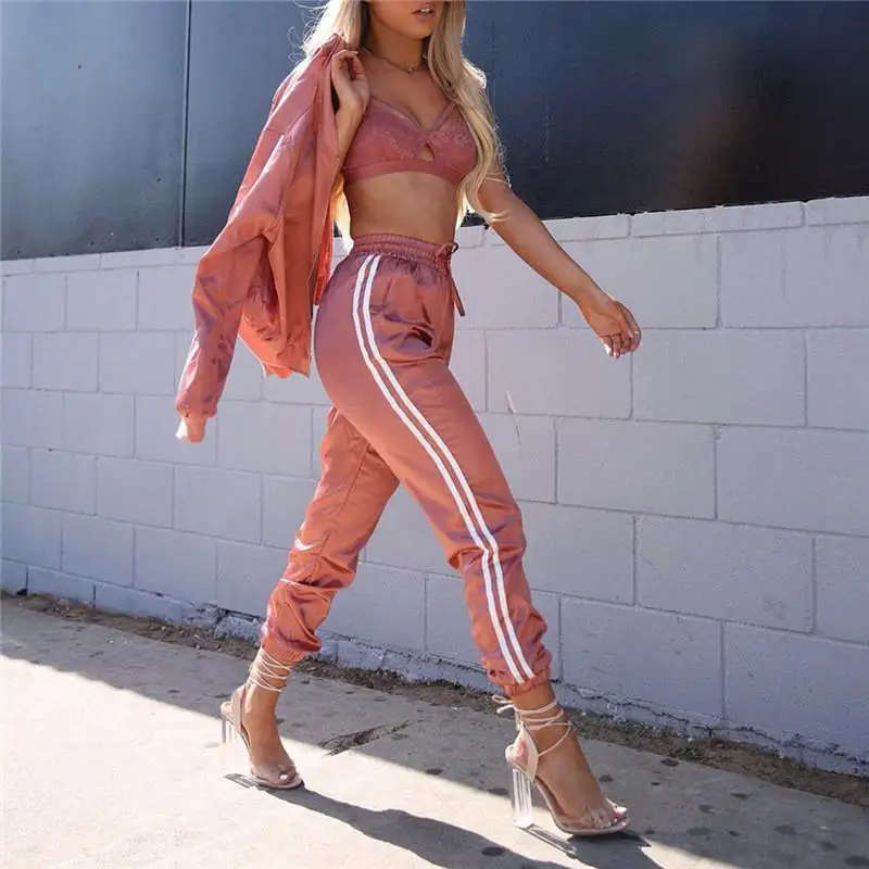 

Satin Two Piece Set Tracksuit For Women Elegant striped Top And Pants Set Spring 2020 Womens Casual Sweat Suits Outfits clothing