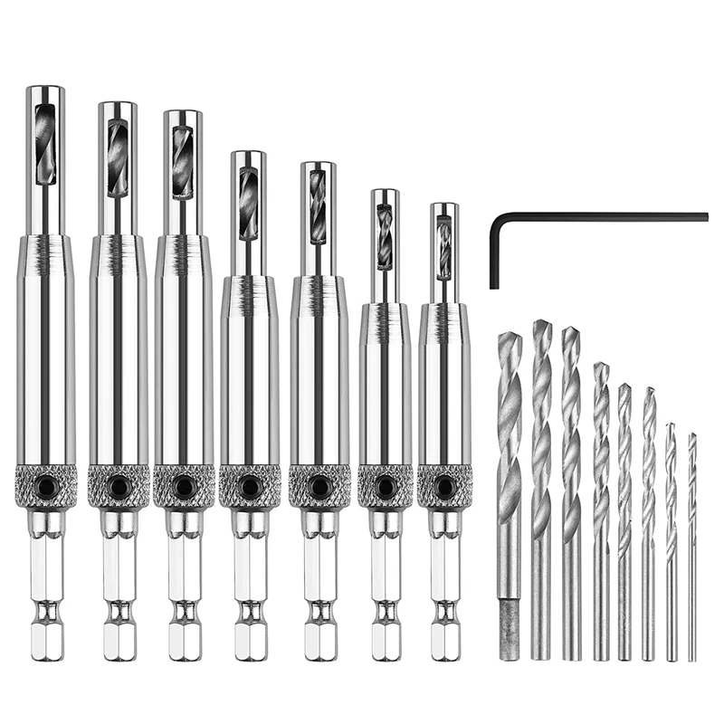 

Center Drill Bit Set, 15Pcs Self Centering Hinge Hardware Drill Bits Set, Adjustable Door Window Drill Bit for Hinges/Handles/Dr
