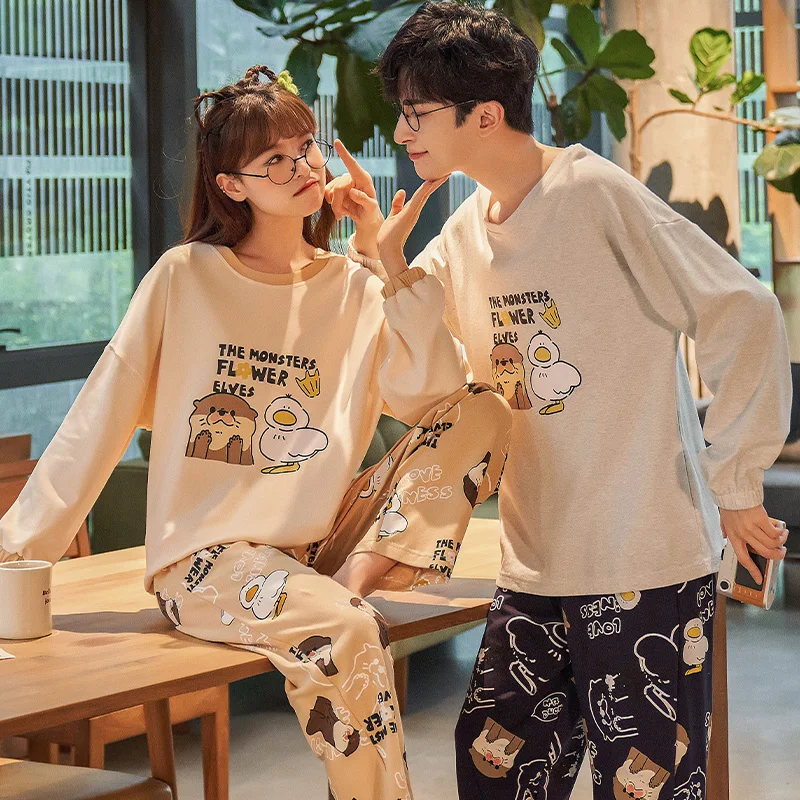 Новинка осенне-зимние хлопковые Пижамные комплекты для пар брюки с круглым