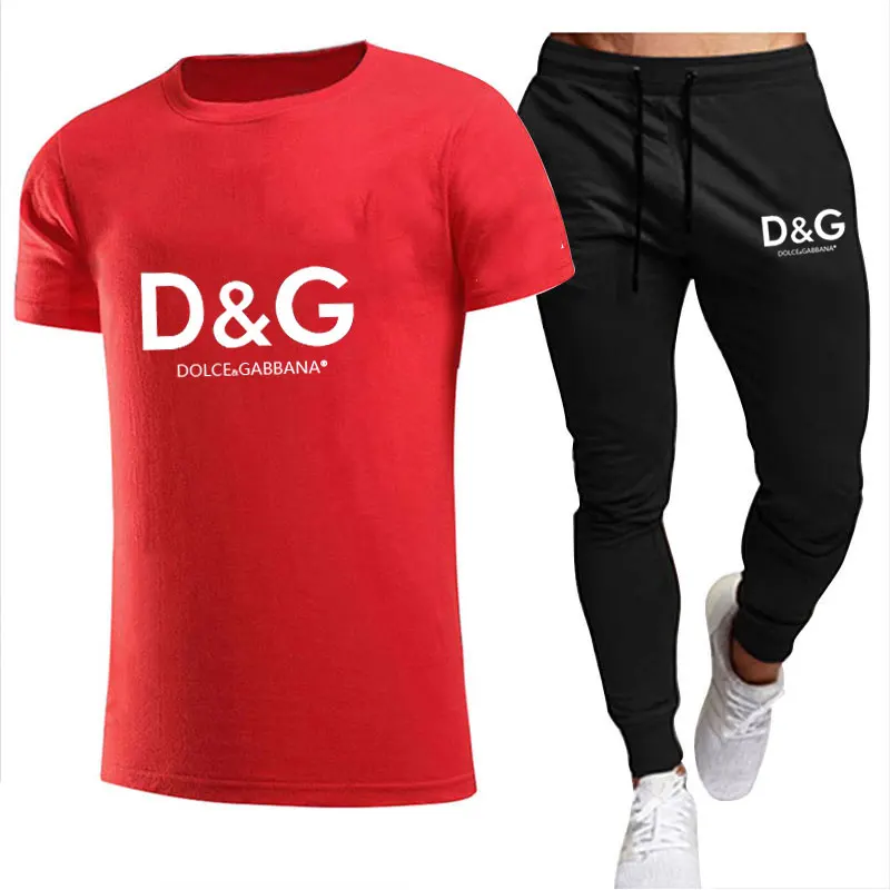 

Men's sets brand printed DG sportswear set pure cotton quick drying Gym Fitness Running fashion short sleeve T-shirt + jogging