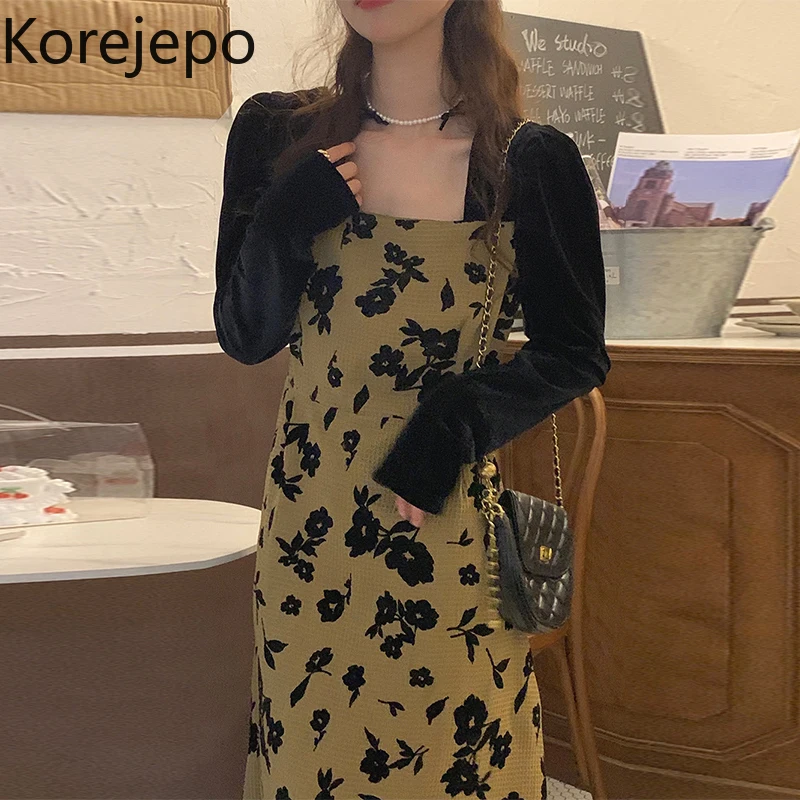 

Korejepo Retro Dress Women's Spring and Autumn 2021 New Square Neck Velvet Stitching Fake Two Pieces Thin Long Flowers Dresses