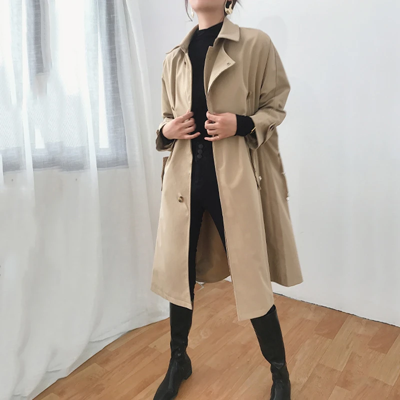 

LANMREM 2021 Autumn Turn-down Collar OL All-match Solid Color Trench Coat Long Single-breasted Khaki Overcoat For Women 2A2049