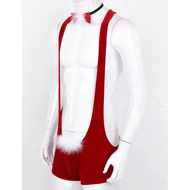 Men Red Soft Velvet Christmas Underwear Santa Cosplay Fancy Costume Singlet Sexy Mankini Boxer with Bowtie Male Xmas Underpants