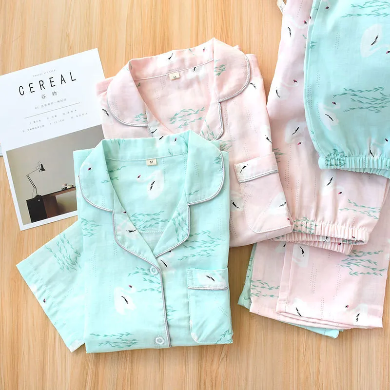 Женская пижама из 100% хлопка марлевая Пижама женские брюки с коротким рукавом