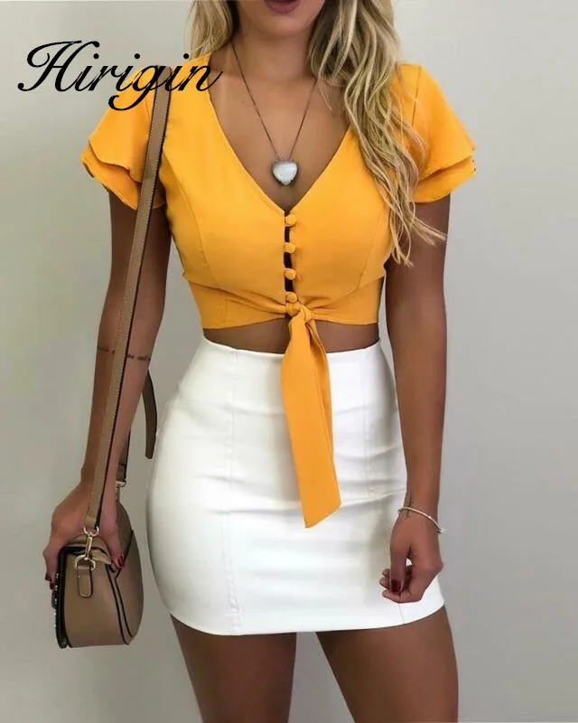 Женская рубашка с оборками на пуговицах однотонная Повседневная глубоким