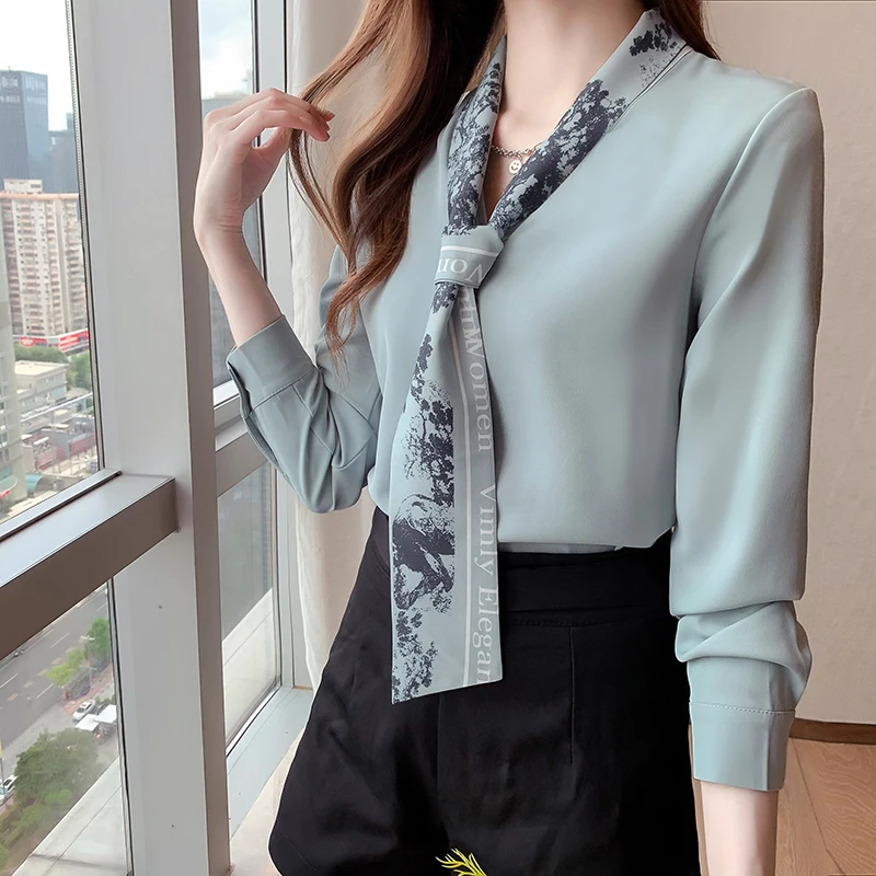 

Chiffon Women's Blouse Autumn Fashion Korean V-neck Shirt Long Sleeve Top Casual Print Lady Clothing Houthion