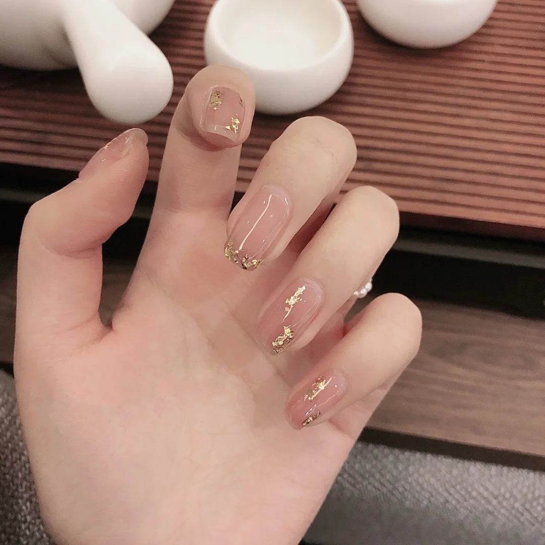 

24pcs Gold Fake Nails Full cover Fake Nails Glue DIY Manicure Nail Art Tools