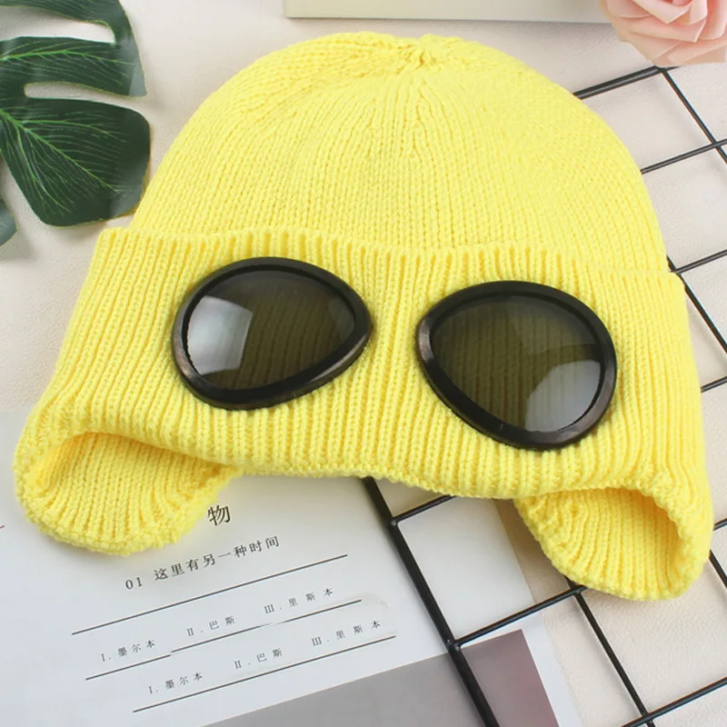 Цвет: желтый Moveable Glasses Warm Fleece Lined Women Snow Hat Knitted Winter Cap Cover Ears Orange Yellow Purple Blue Black White Green - Цвет: Цвет: желтый