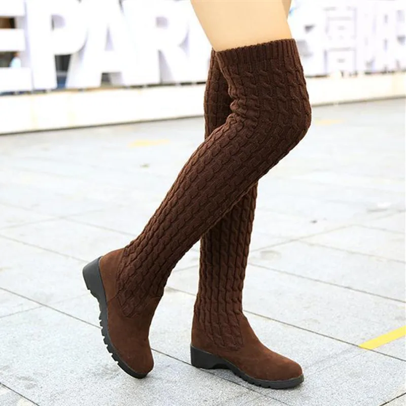 Brown SWONCO/женские высокие сапоги; коллекция года; сезон осень-зима; вязанная шерстяная женская обувь; высокие сапоги до бедра для женщин; высокие сапоги; женские ботинки на танкетке - Цвет: Brown