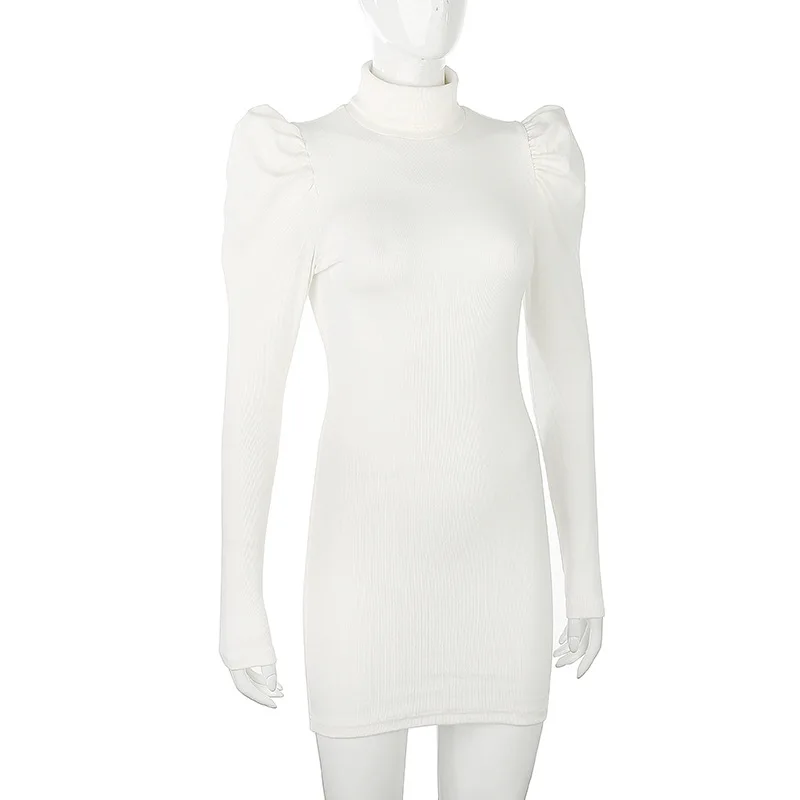 

winter knitted women dress Puff shoulder sweater dress female Sexy ladies solid autumn vestidos