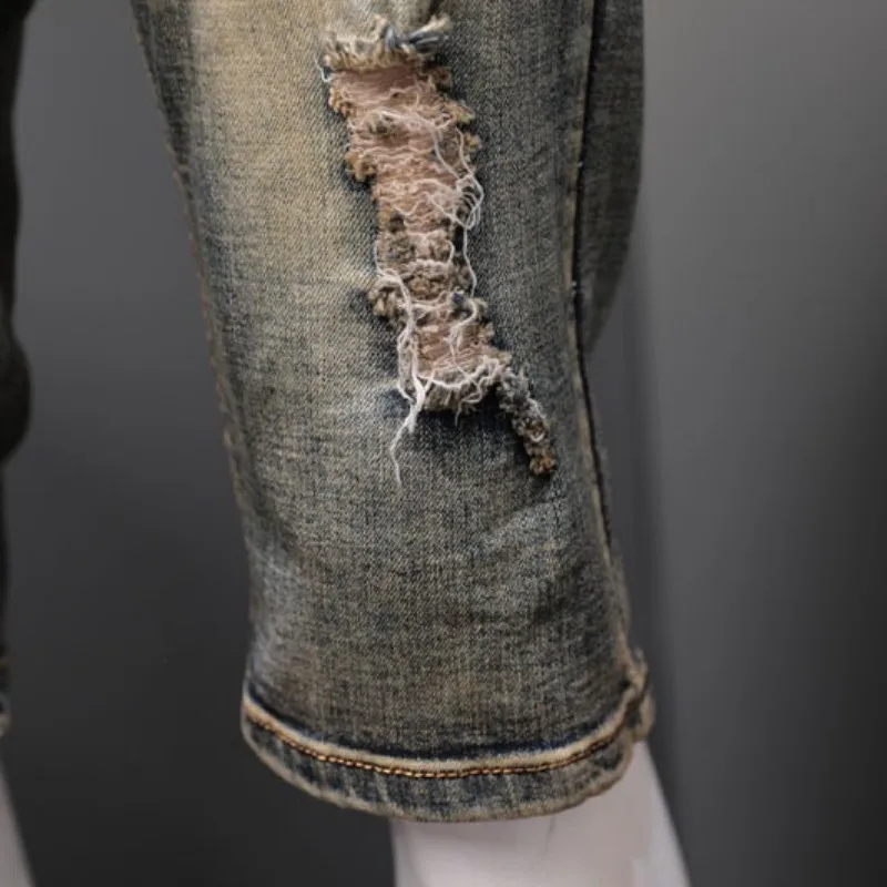 

Summer Casual Knee Length Vintage Punk Style Hole Ripped Campera Hombre Embroidery Denim Shorts Men Distressed Straight Trousers