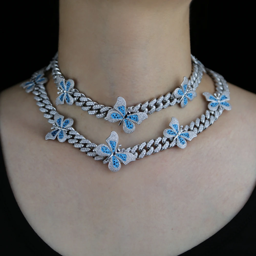

12mm Iced Out Bling CZ Cuban Chain Choker Necklace 16'' 18'' Blue Pink Enamel Butterfly Charm Fashion Women Colorful Jewelry