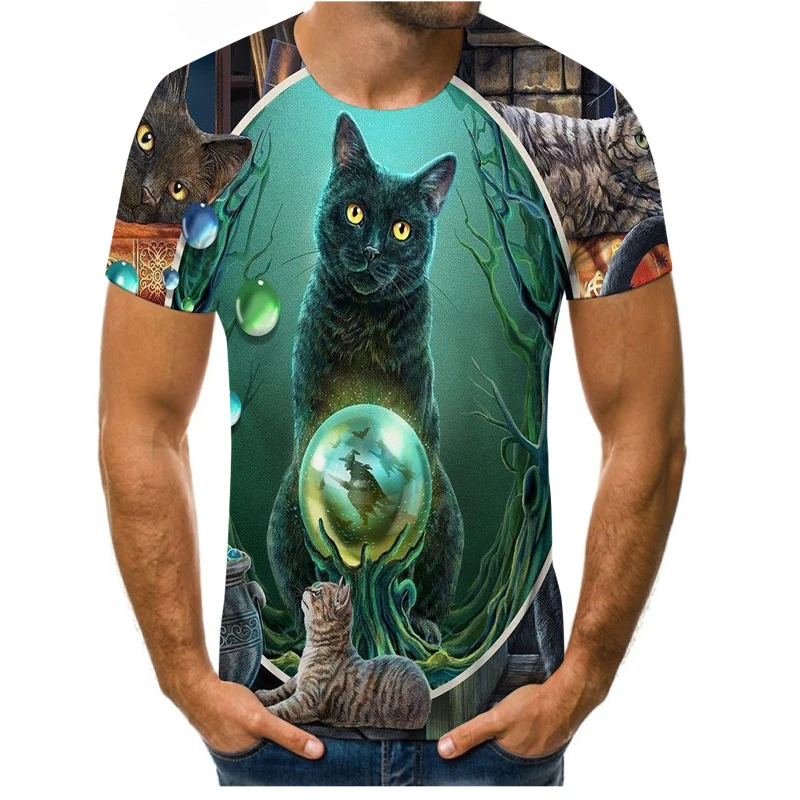

Turban cat clothing men's and women's T-shirt summer fashion 3D printing shy cat short-sleeved cartoon O-neck T-shirt for men