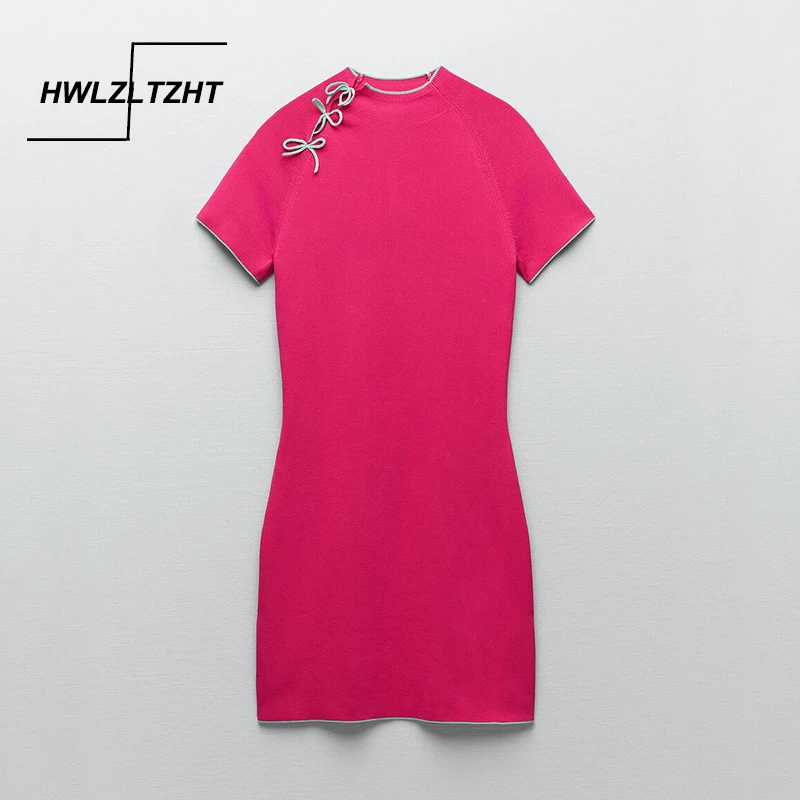 

HWLZLTZHT элегантное вязаное платье 2021 для женщин со стоячим воротником мини-платье с коротким рукавом с длинным рукавом Женская мода галстук-б...