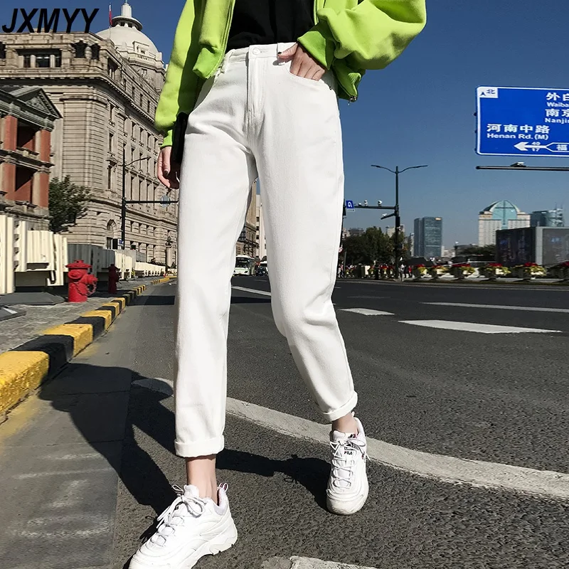 

White jeans ladies high waist harem mom jeans spring 2021 new plus size black ladies jeans pants denim streetwear beige blue