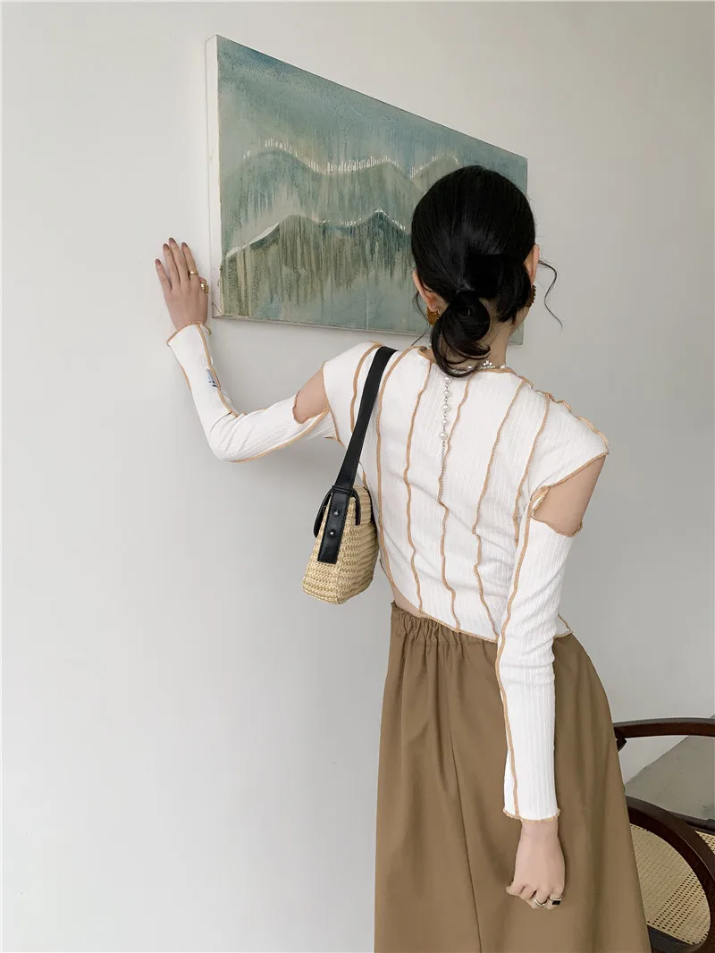 

ZCSMLL Contrast Line Short T-shirt for Women Korean Fashion Round Collar Striped Vintage Top 2021 Spring Summer