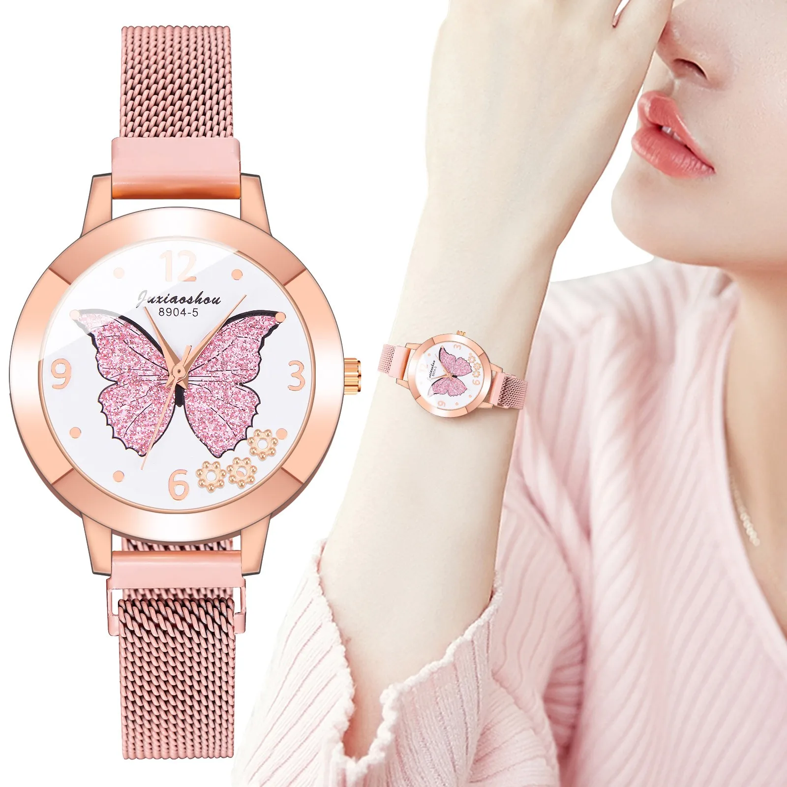 

Butterfly Printing Dial Women's Quartz Wristwatches Stainless Band Strap Spin Watch For Female Simple Dress Gfit Montre Femme