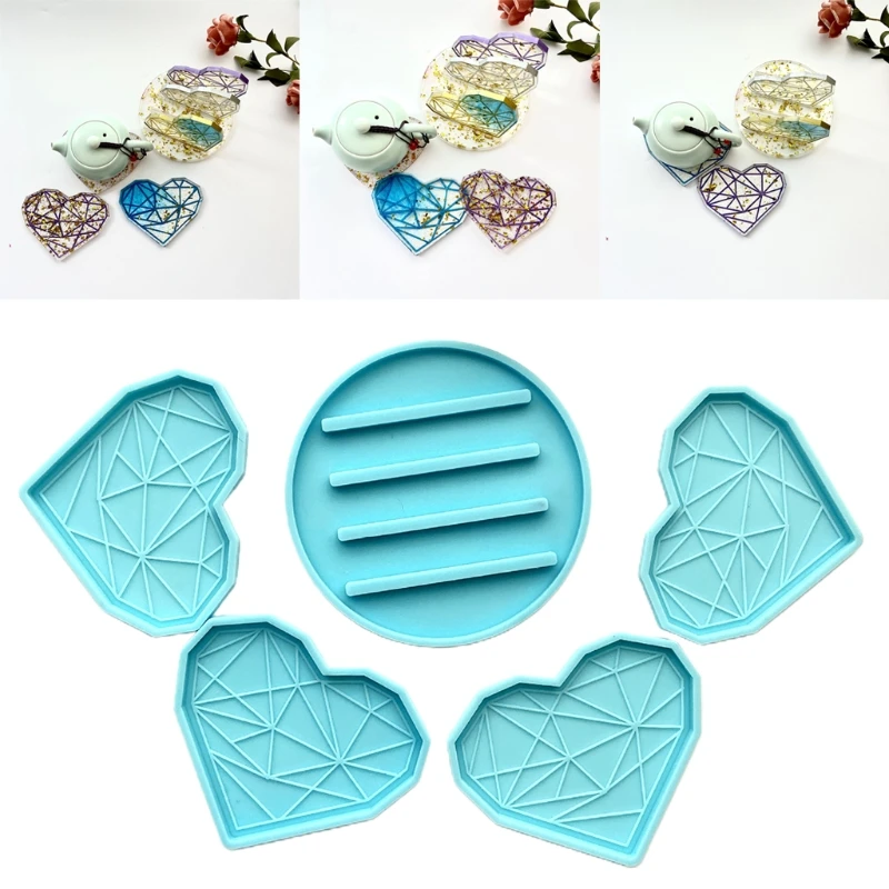 

Heart-shaped Geometric Coaster+Holder Epoxy Resin Mold Cup Mat Silicone Mould