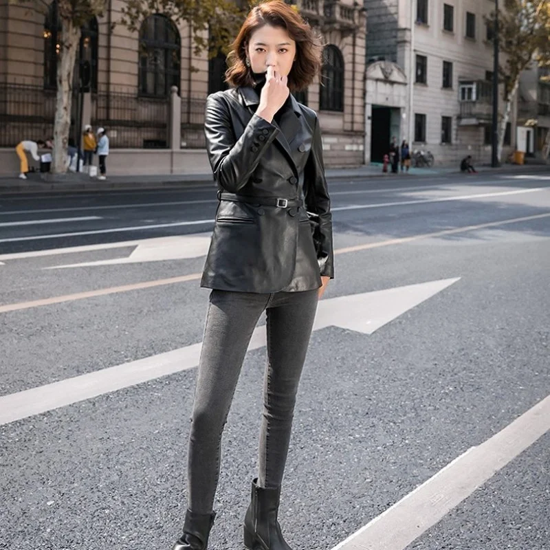 

Top Quality Women Double Breasted Sashes Sheepskin Real Leather Jacket Office Ladies Slim Fit Leather Blazer Outwear Biker Coat