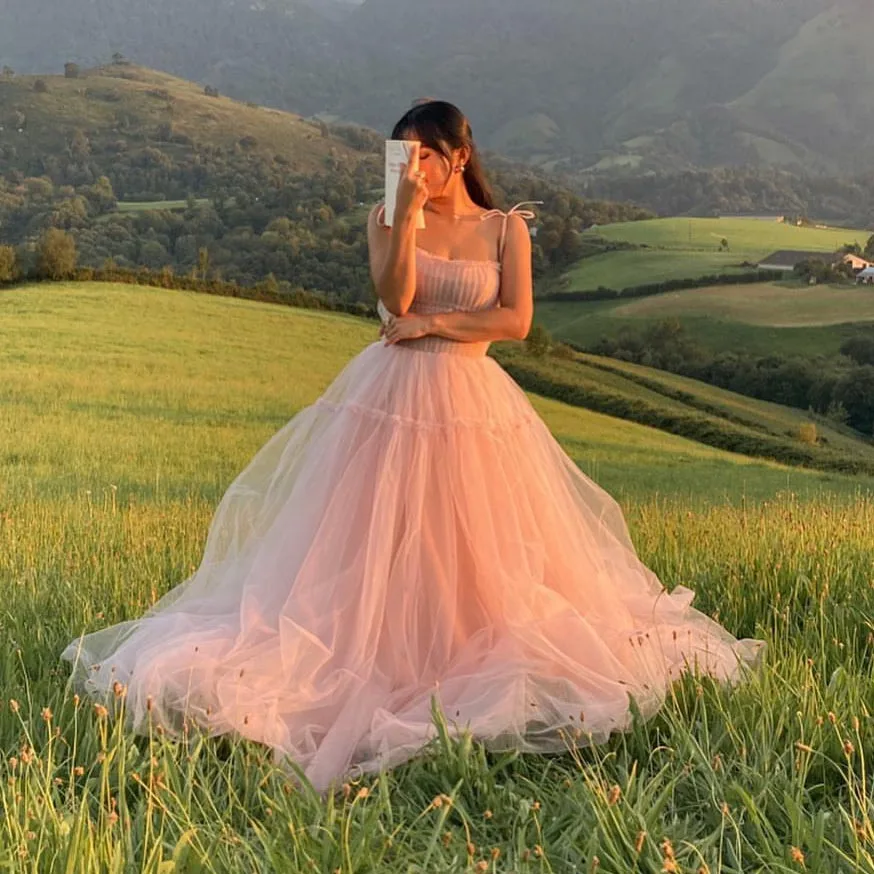 

Adjustable Straps Tied Bow Women's Evening Dress Layered Tulle Ball Gwon Dress Pink Prom Dress Wedding Evening Dress Female Gown