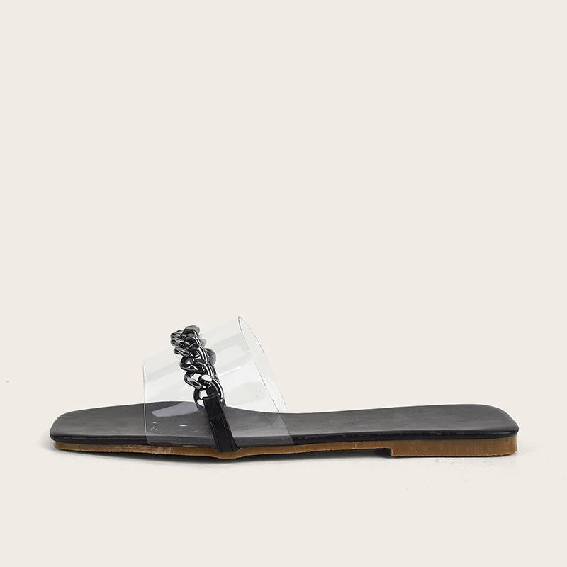 

Women Slippers 2021 Fashion Summer Woman Square Toe Sandals Female Slippers Metal Slippers For Ladies Transparent Slides Shoes