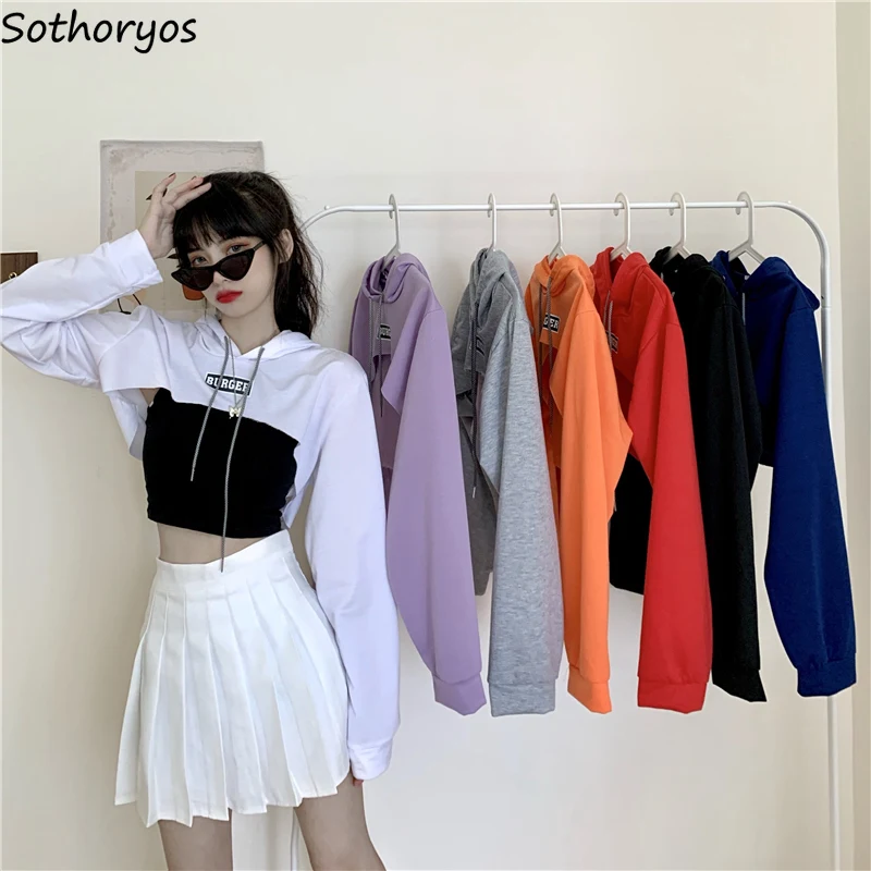 Women With Hat Hoodies Patches Crop Tops Hipsters Fashionable Loose Casual Teen All-match Designed Irregular Hip-hop High Street