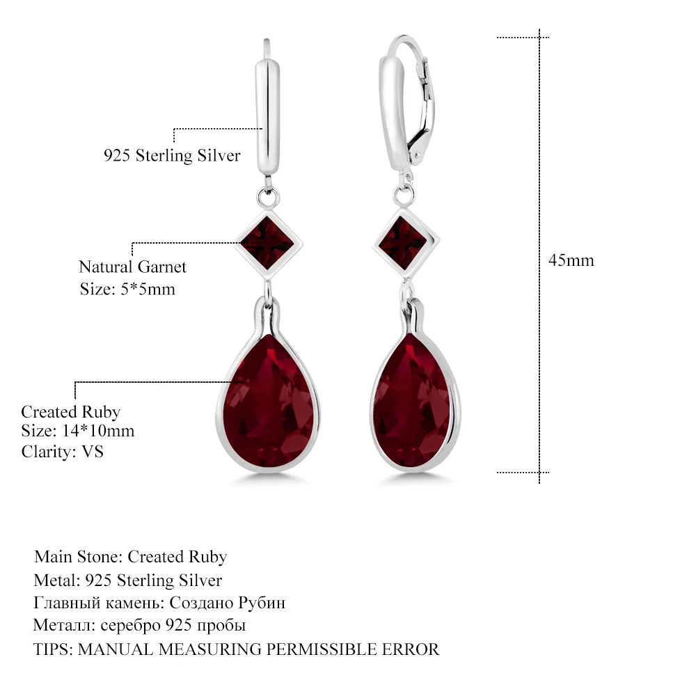 GemStoneKing 13 46 Ct Груша Форма красный создан Рубин Красный Гранат 925 Висячие серьги из