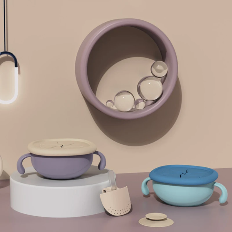 

Высококачественная силиконовая миска на присосках для малышей с крышкой без БФА Водонепроницаемая тарелка для малыша набор портативных си...