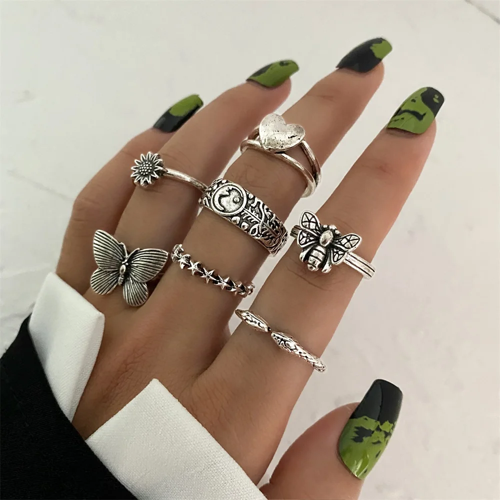 

IFME Vintage Silver Color Butterfly Stars Moon Snake Heart Bee Rings Set For Women Men Fashion Jewelry 2021 Trend Rings