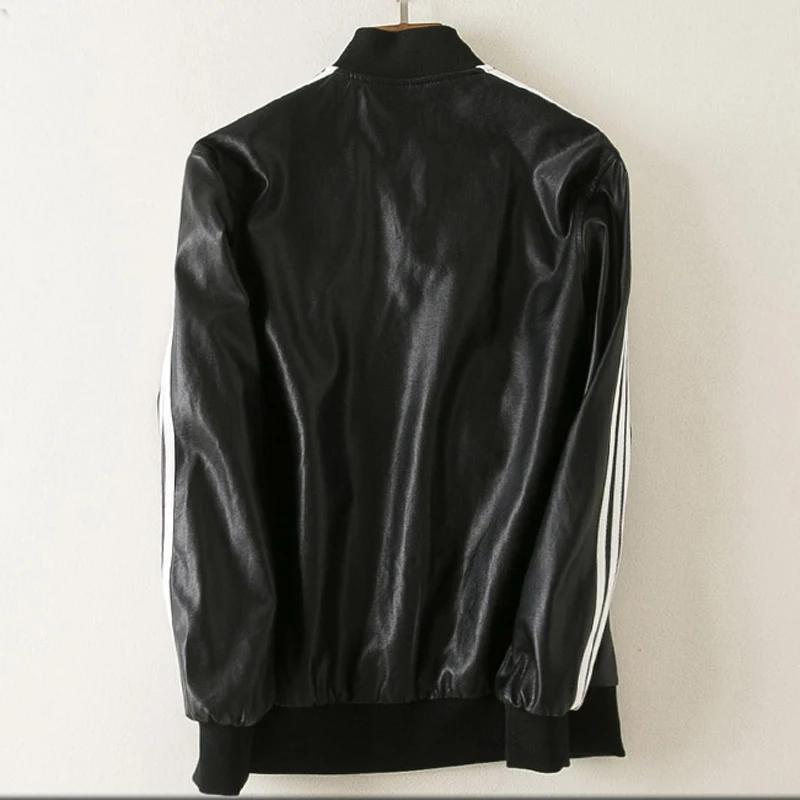 

European and American Spring Girls Lovers PU Baseball Short PU Motorcycle Leather Jackets Red Striped Women Cloth 3XL C389