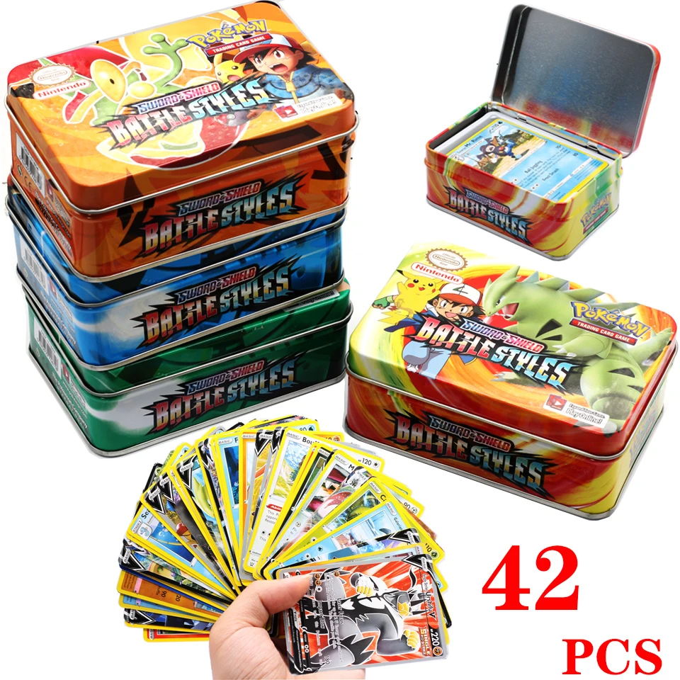 TAKARA TOMY-set de Cartas coleccionables de Pok&eacute;mon para ni&ntilde;os, juego de colecci&oacute;n de cartas de Anime, caja de hierro, 42 estilos de batalla-1