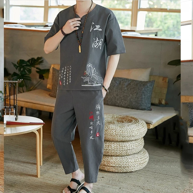 

Костюм Тан в традиционном китайском стиле для мужчин, льняная Повседневная футболка с этническим принтом, с коротким рукавом, костюм Тан, Одежда Кунг-фу, на лето