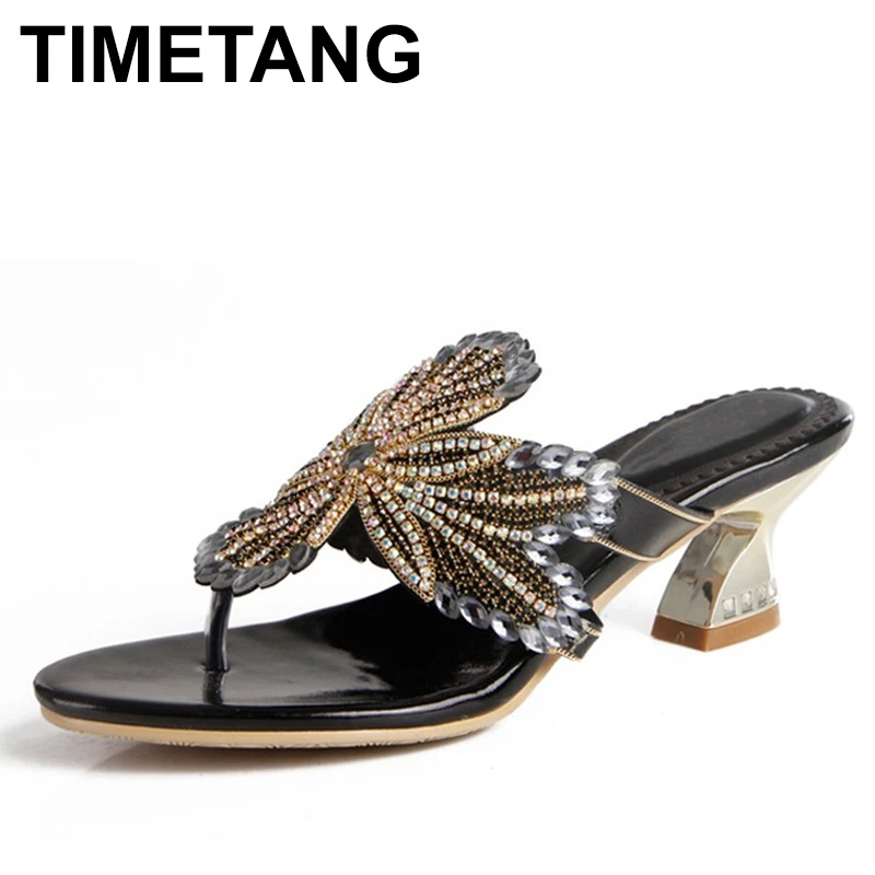 TIMETANG2019, Новое поступление, модные пикантные женские шлепанцы из натуральной кожи, большие размеры, с кристаллами, летние, большие размеры, E1096