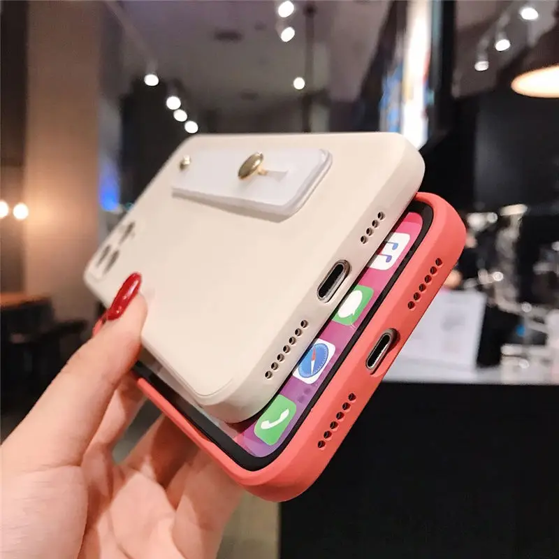 

Wrist Strap Square Liquid Silicone Phone Case For iPhone 11Pro Max XR XS Max X 7 8 Plus Stand Holder Cover For iPhone 12 SE 2020